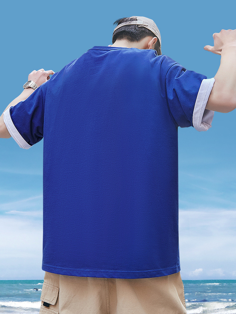 克莱因蓝t恤男2022新款夏季潮牌棉短袖体恤300g重磅大码男装潮