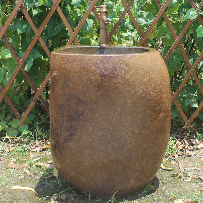 鹅卵石一体石水池原石洗手盆整石洗手池花园水池户外石头石材水槽