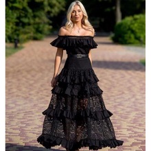 Solid Ruffle Long Evening Dress Lace Hollow Party Sexy Dress