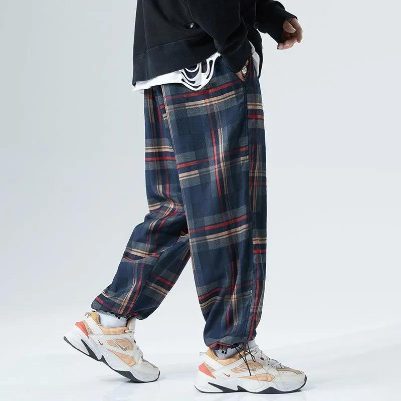 Fat Man Japanese Style Plaid Sports Jogger Pants Men's plus-Sized plus Size Loose All-Match Cropped Straight Pants Casual Pants