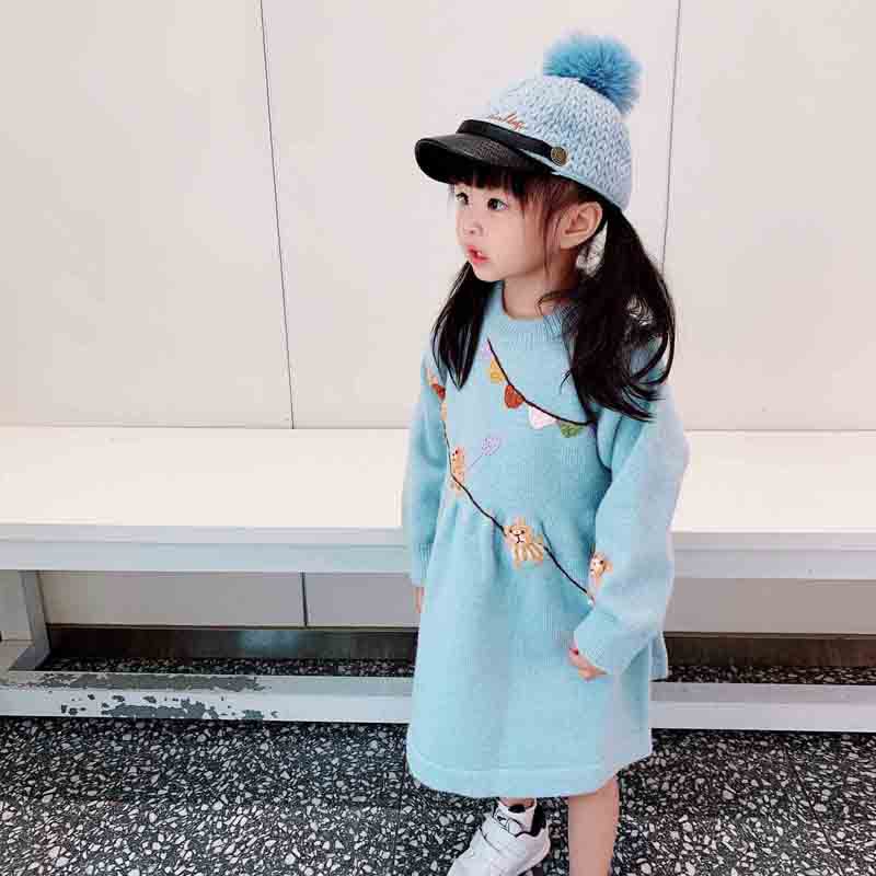 Giant Frog Head Collar Soft and Adorable Embroidered Girls' Knitted Dress Autumn and Winter Ins Cute Fashion Girls' Bottoming Dress