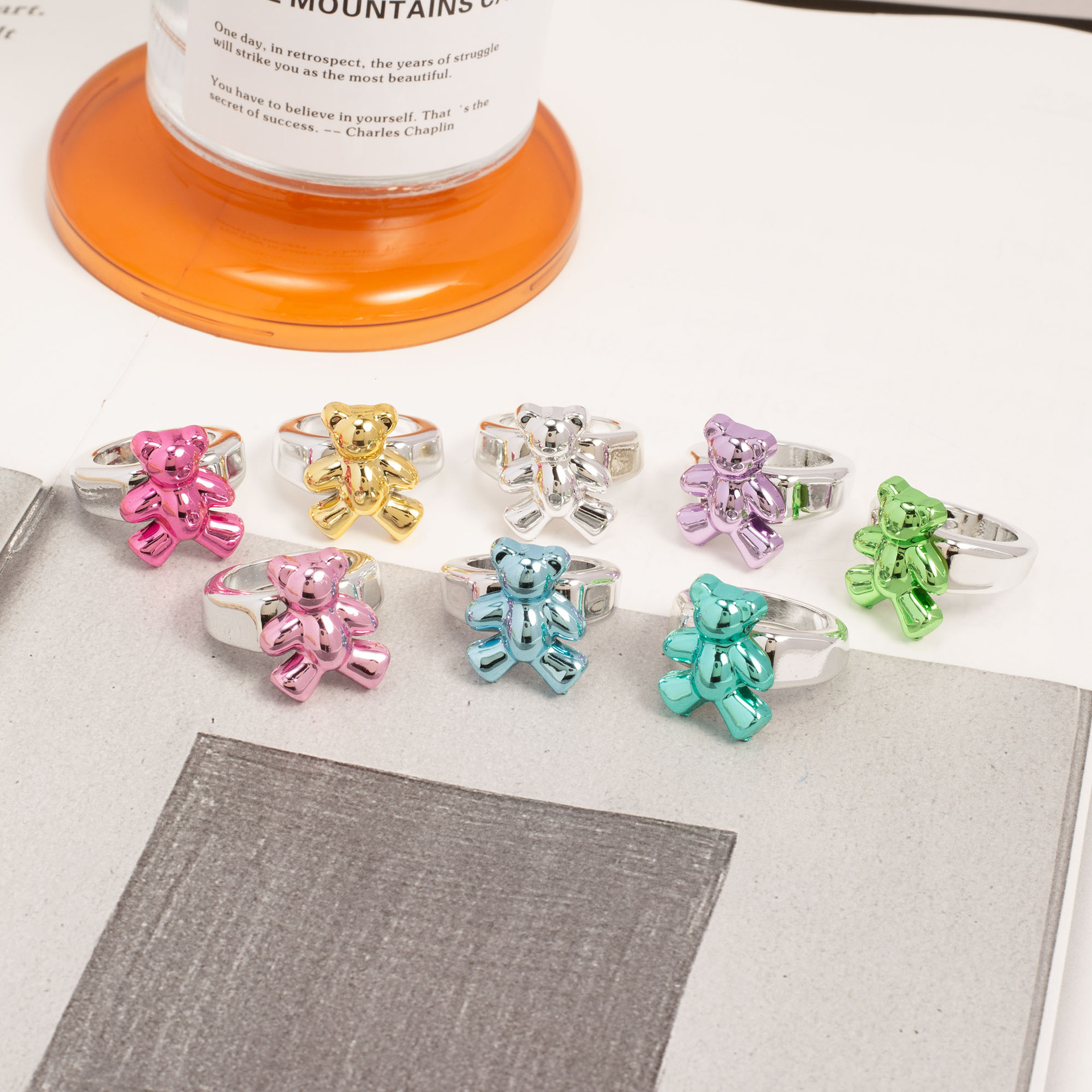 New Electroplated Color-Retaining Acrylic Plastic Bear Ring Female Design Sense Minority Simple Candy Pigment Ring Ring