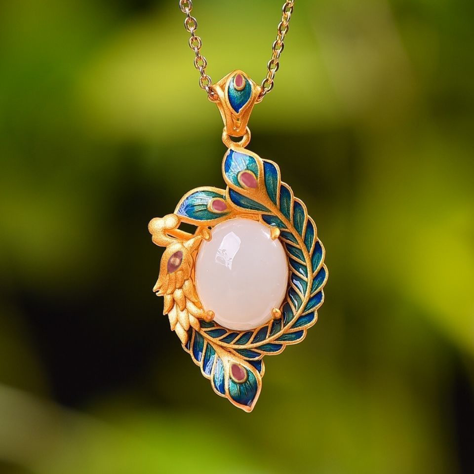 中国风旗袍古装首饰品镀金珐琅彩绘景泰蓝凤凰和田玉锁骨项链女