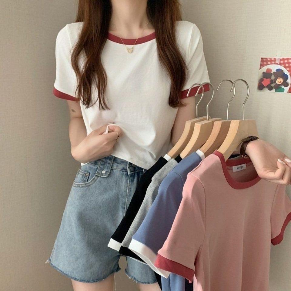 2023 Contrast Color round Neck Short-Sleeved T-shirt Women's Summer Bottoming Shirt Korean Style Slim-Fitting Short T-shirt Female Students Foreign Trade Wholesale