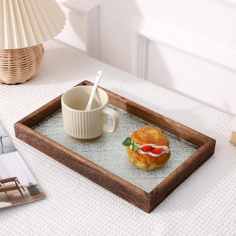 Creative Wooden Rectangular Begonia Embossed Glass Plate Tea Tray Solid Wood Photography Props Rectangular Storage Plate Dish