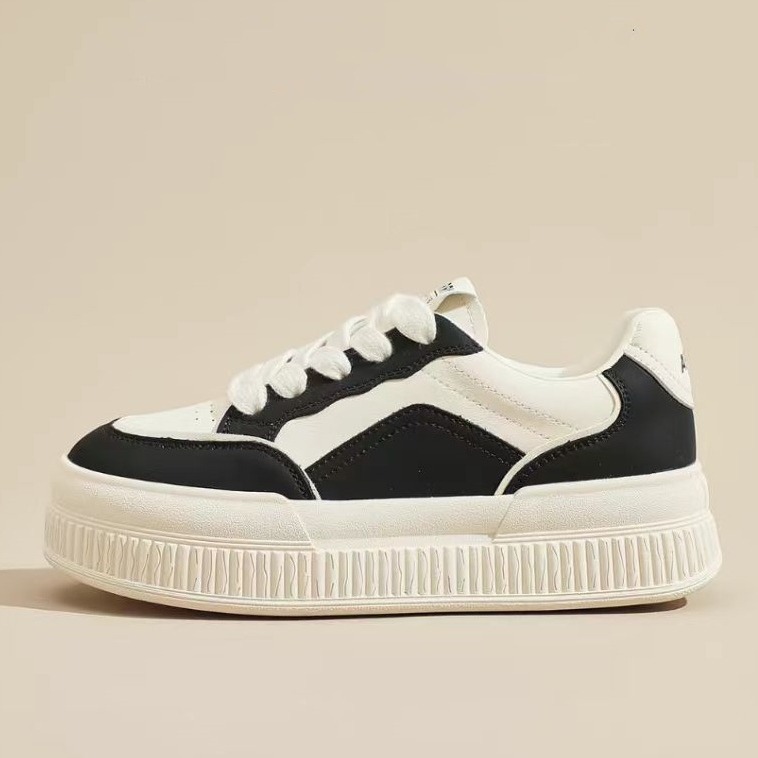 黑白百搭女鞋厚底休闲鞋拼色2024新款增高板鞋透气运动小白鞋春秋