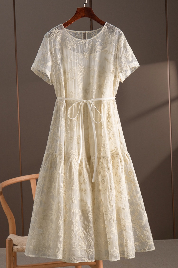 法国 双层仿真si欧根纱刺绣连衣裙女2022一件代发