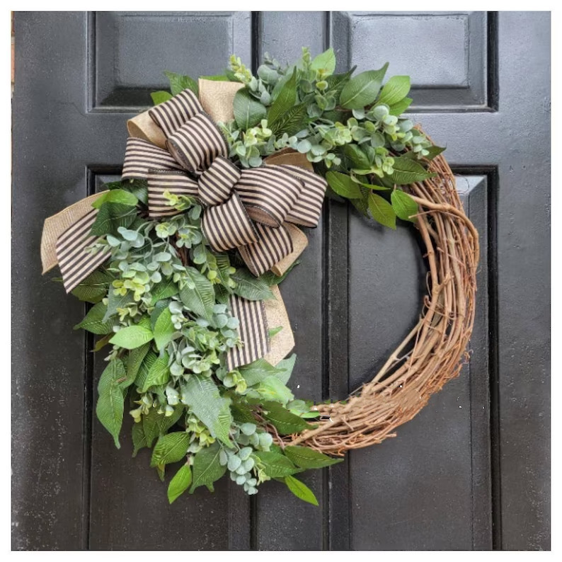 跨境新品藤条蝴蝶结花环前门挂饰居家节日装饰复活节圆形花环