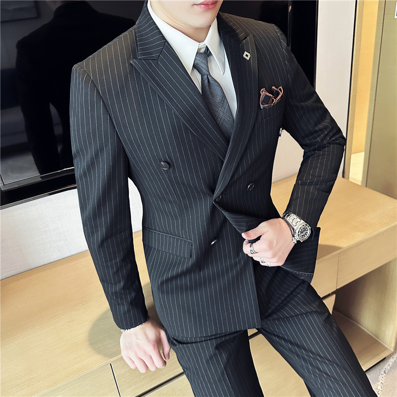 新郎西服套装条纹双排扣西装三件套男士商务正装休闲结婚礼服批发