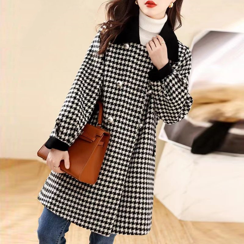 2022冬季新款千鸟格毛呢外套女韩版中长款加厚气质小香风呢子大衣