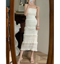 白色吊带连衣裙2023新款夏季女装收腰显瘦气质木耳边重工拼接裙子