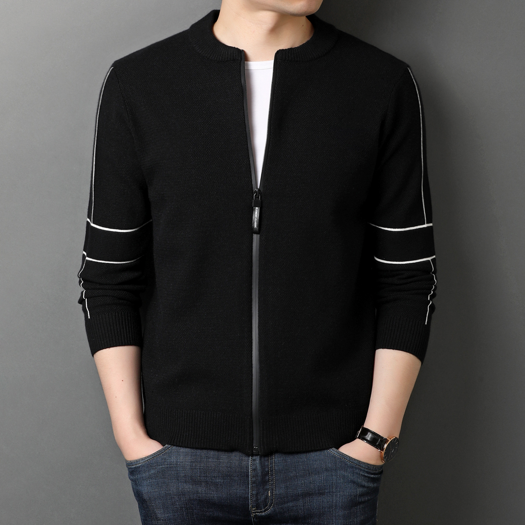 开衫毛衣外套春秋装无领休闲外搭羊毛针织衫拉链男衫外穿tt-k1630