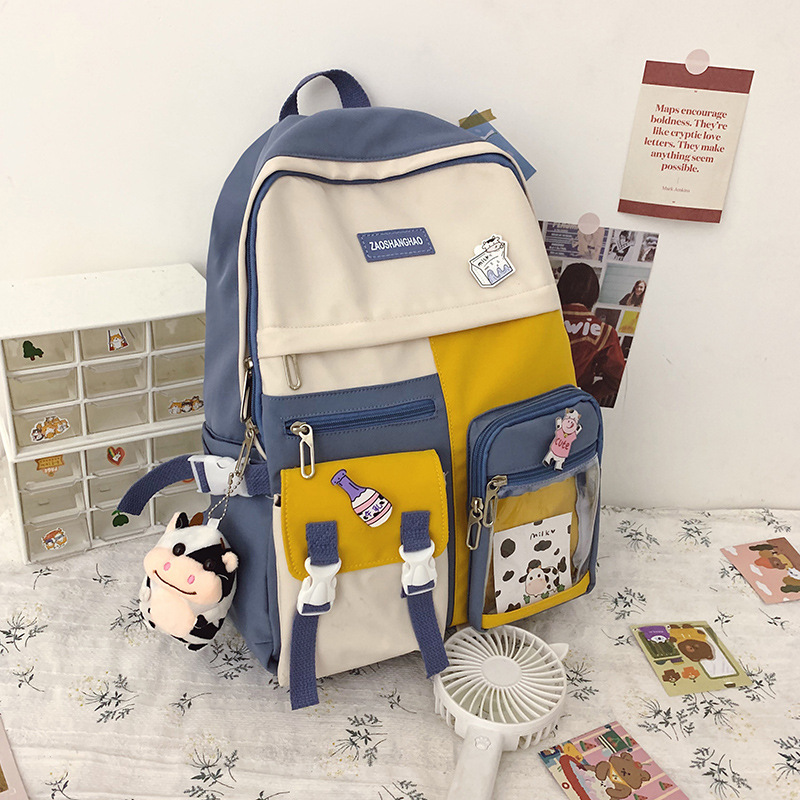 Japanese Ulzzang College Backpack Simple Cute Cartoon Soft Girl Transparent Backpack Contrast Color Schoolbag Women