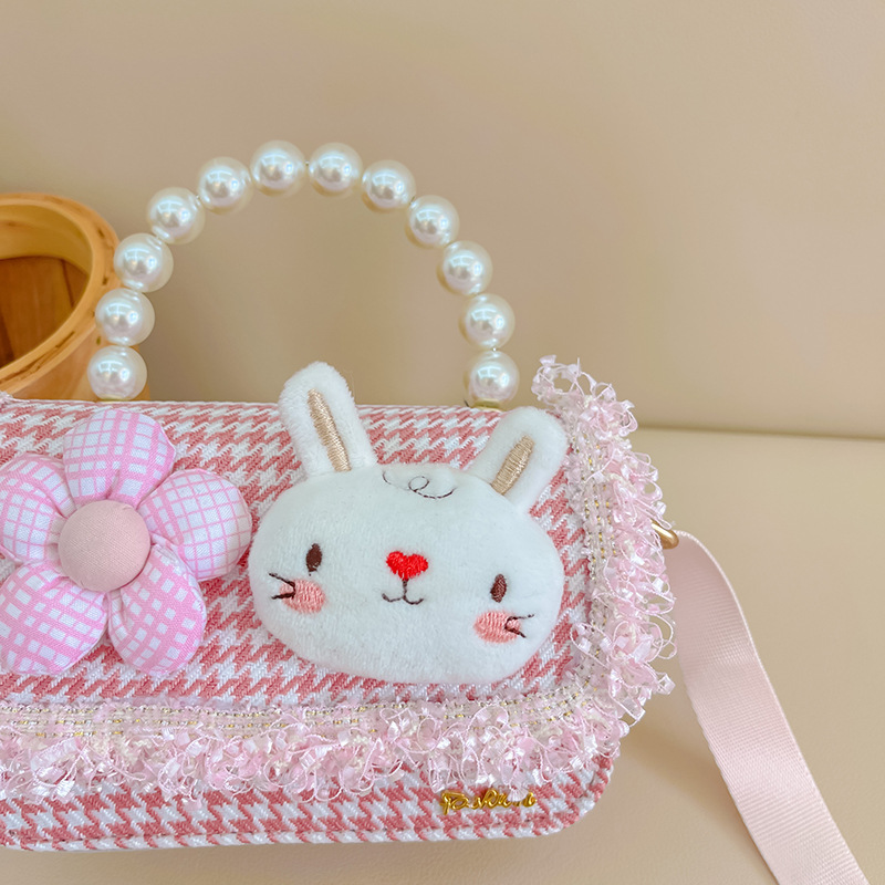 Fashion Children's Trendy Bags Women's Plaid Pearl Tote Cute Cartoon Rabbit Shoulder Bag Crossbody Small Square Bag