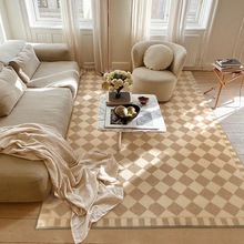 复古法式仿羊绒家用地毯客厅茶几沙发床边毯复古棋盘格吸水防滑毯