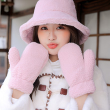 新款羊驼绒连指保暖手套冬季女加绒加厚手套简约纯色现货批发手套
