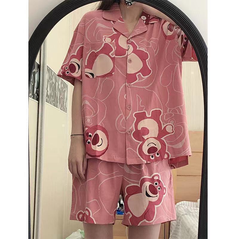 Ins Fresh Pajamas Women's Summer Short Sleeve Shorts Korean Cardigan plus Size Korean Style Japanese Style Home Wear Two-Piece Suit