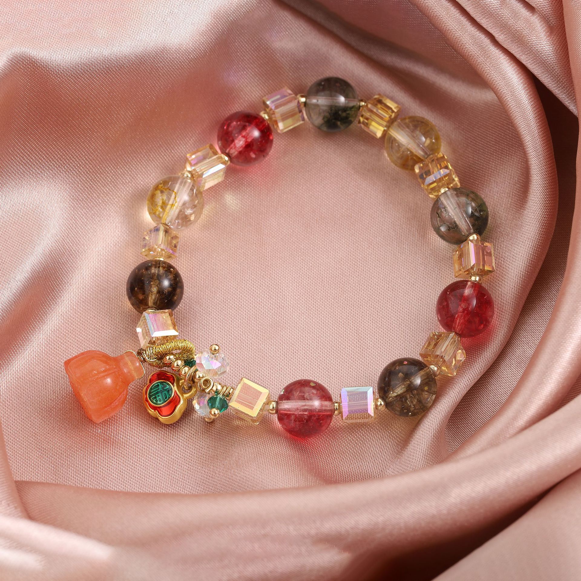 巴西碧玺手链单圈彩虹款西瓜碧夫石饰品水晶手串汉服金发晶碧玺手链女