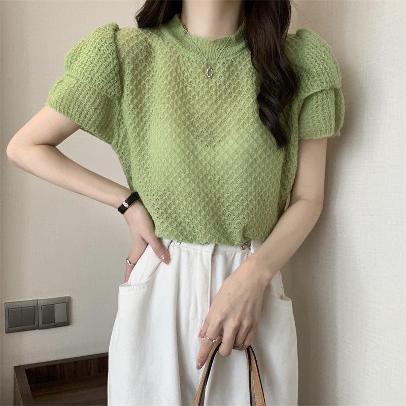 港风清新甜美绿色宽松镂空薄款毛衣女夏季少女洋气时尚针织衫女装