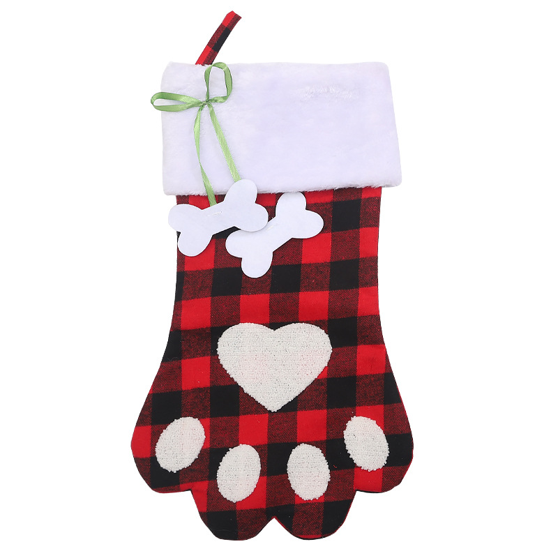 Christmas Creative Black and White Plaid Dog's Paw Socks Christmas Tree Gift Bag Candy Bag Pendant Christmas Tree Decoration Accessories