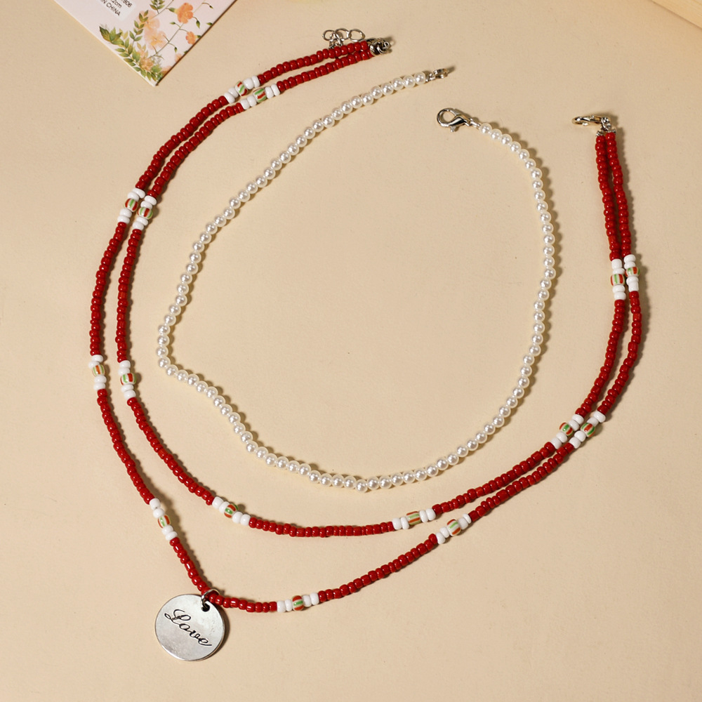 时尚复古秋冬款手工串珠字母玻璃米珠项链女双层ins珍珠颈链配饰