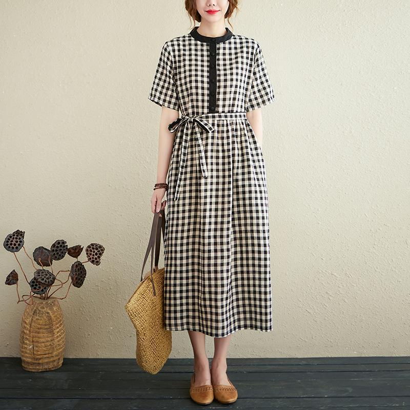 小个复古文艺复古撞色拼接格子棉麻短袖连衣裙夏季宽松显瘦休闲腰