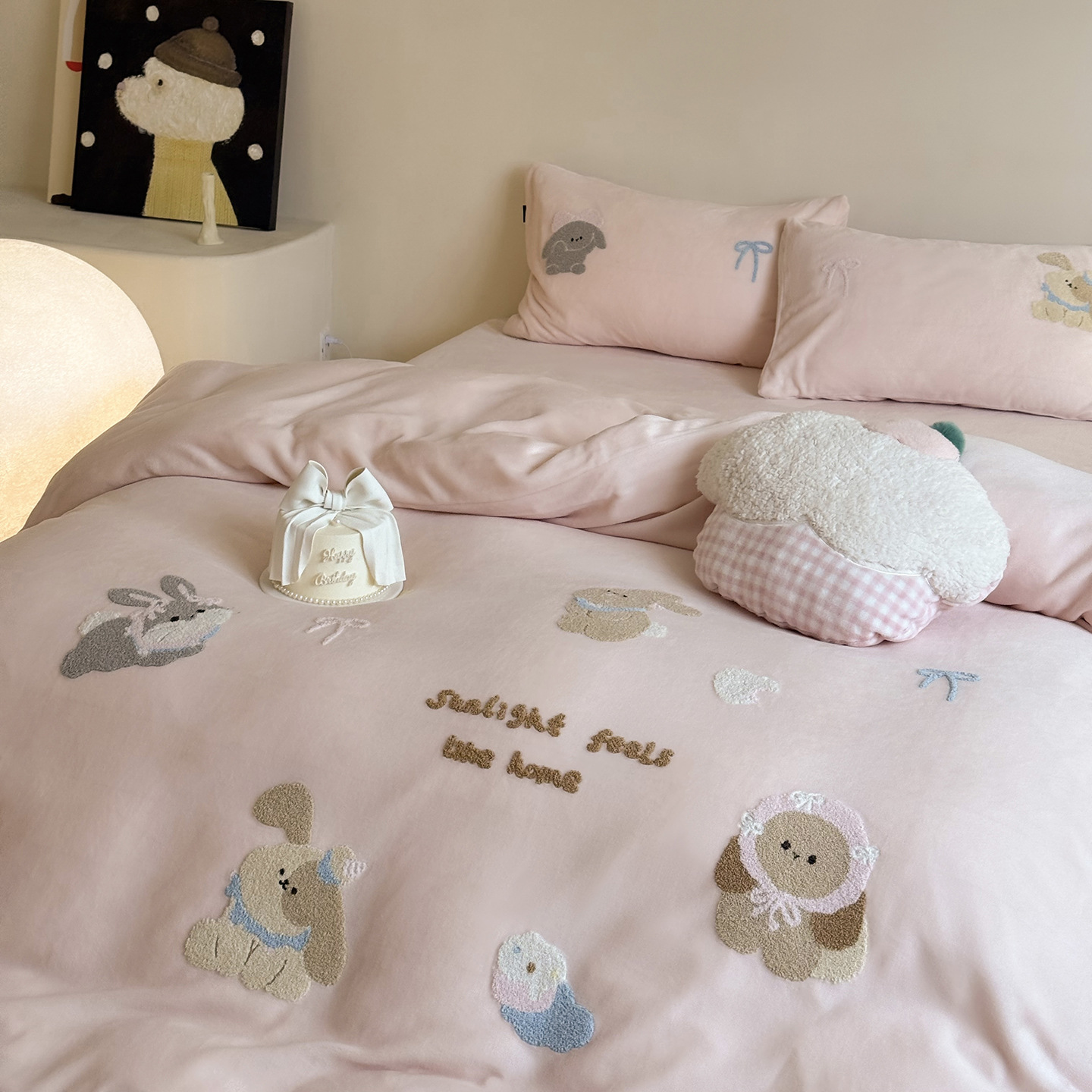 冬季高克重牛奶绒毛巾绣四件套可爱风牛奶绒三件套加厚保暖被套