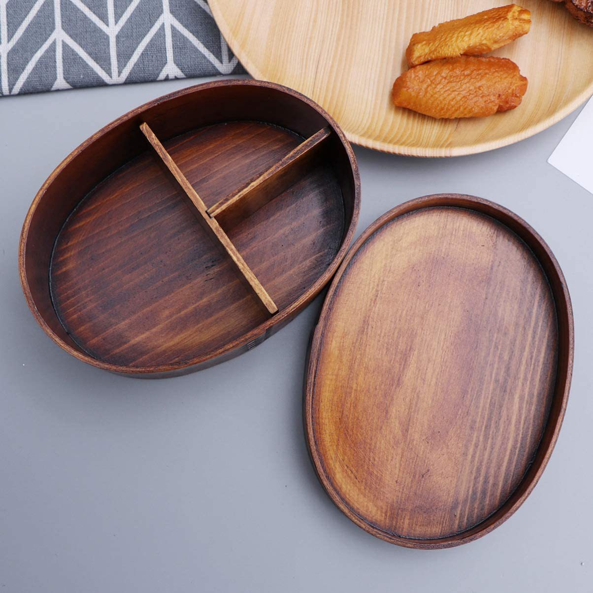 日式木质便当盒椭圆形创意木质分格寿司饭盒上班族便捷午餐木盒