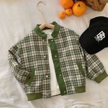 男宝宝洋气绿格子棒球服春季新款薄款男童长袖夹克外套上衣潮