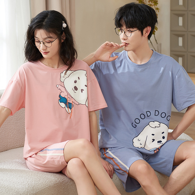 纯棉夏季情侣睡衣女可爱卡通100%棉圆领家居服男套头短袖大码套装