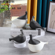 现代简约家居装饰品陶瓷粗釉摆件 客厅办公室黑白拼色小鸟工艺品