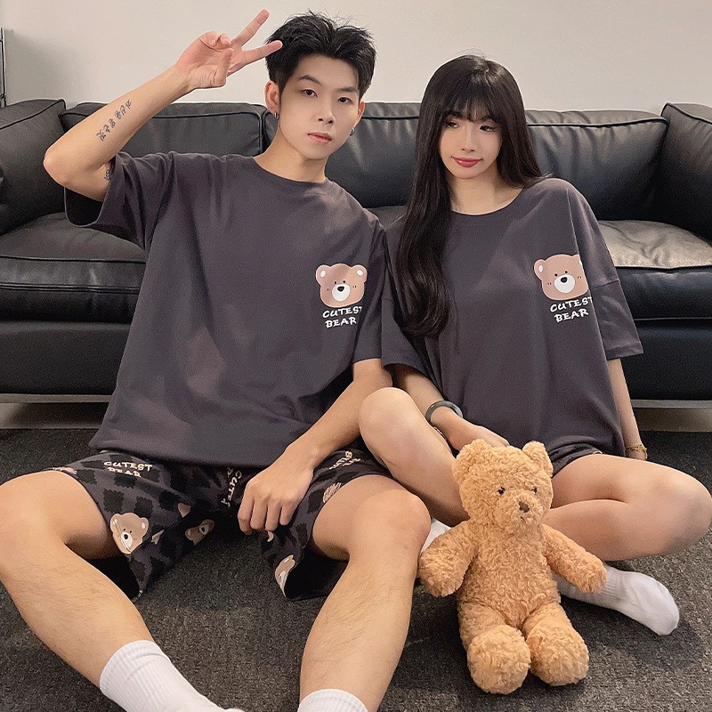 Spring and Summer Men's and Women's Pajamas Short-Sleeved Shorts Cotton Loose Student Summer Couple Home Wear Can Be Worn outside