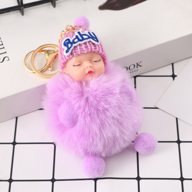 Direct Sales Cute Sleeping Doll Fur Ball Keychain Cute Plush Sleeping Baby Keychain Women's Bag Pendant Wholesale