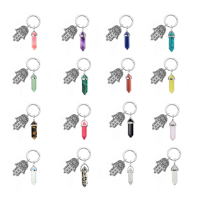 European and American Natural Stone Crystal Bullet Hexagon Prism Keychain Fatima Evil Eye Palm Key Chain