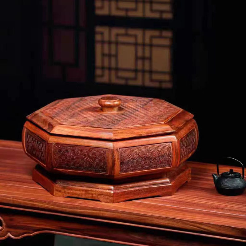 红木干果盘旋转糖果盒缅甸花梨木零食盒 紫檀木收纳盒实木干果盒