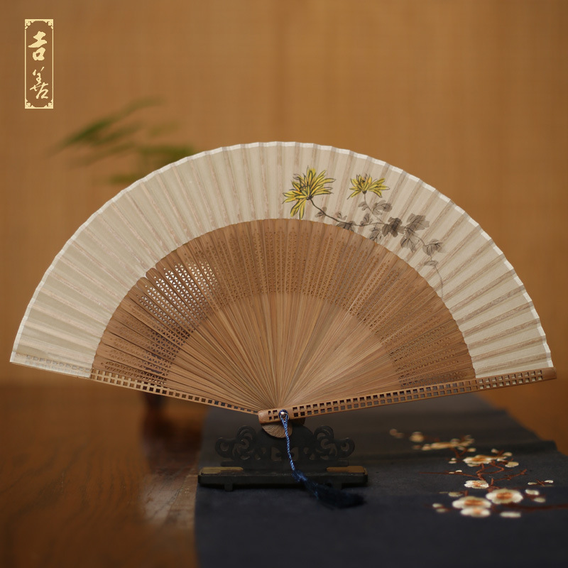 古风窄边渐变扇丝绸折扇手绘女式随身夏季扇子镂空竹扇汉服扇流苏