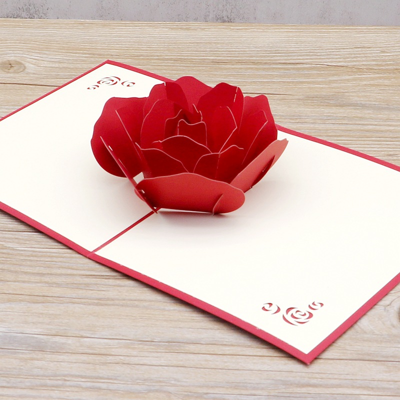 七夕情人节贺卡3d玫瑰花立体贺卡片创意手工祝福礼物纸雕外贸批发