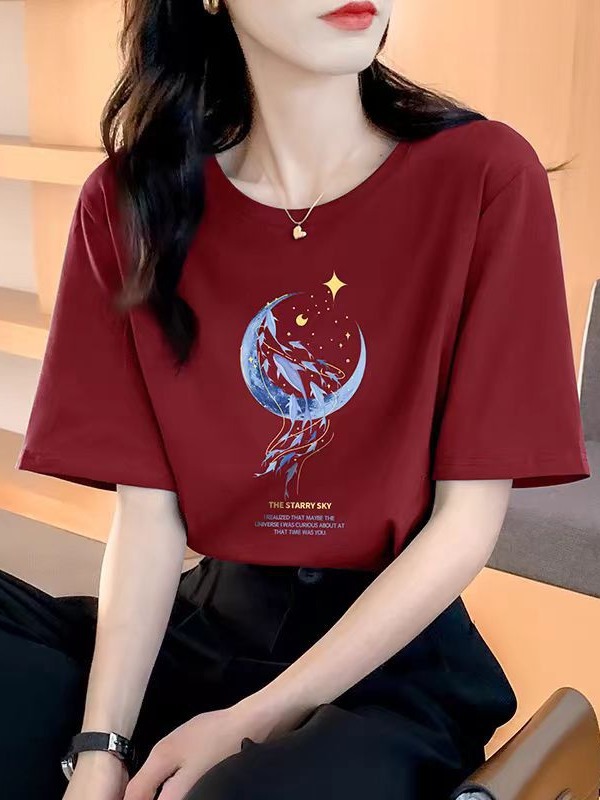 Loose-Fitting Pure Cotton Short Sleeves T-shirt Women's Summer Wear New Beautiful Top Design Printed Sweater Women's round Neck Spring and Autumn