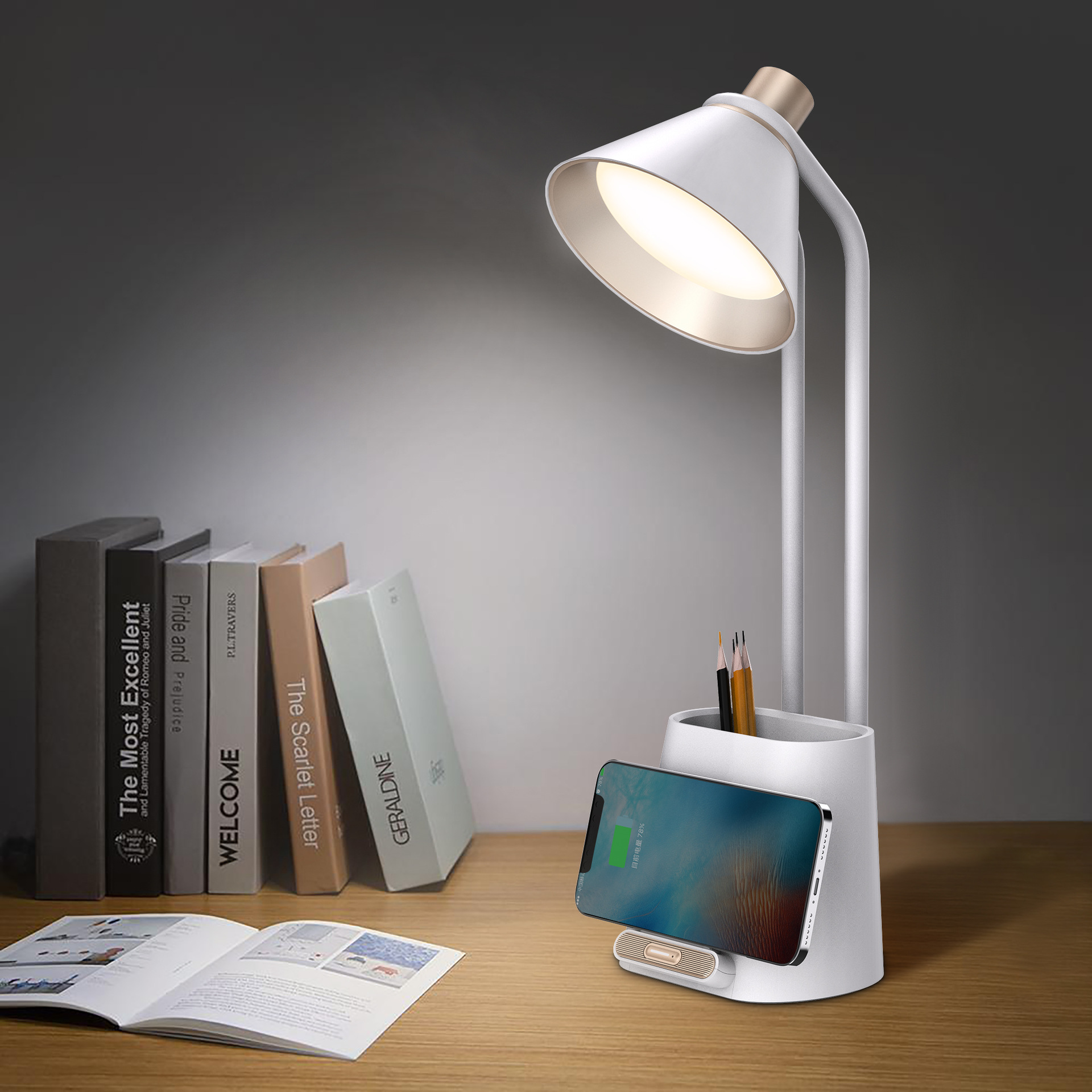 Fashion Simple Modern Learning Eye Protection Cubby Lamp Touch Adjusting Belt Wireless Charger