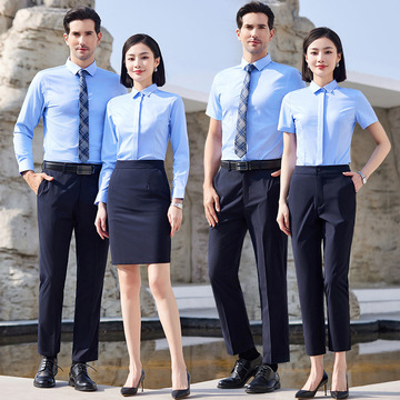 蓝色短袖衬衫男女职业套装长袖衬衣4s店工装工作服定制印logo刺绣