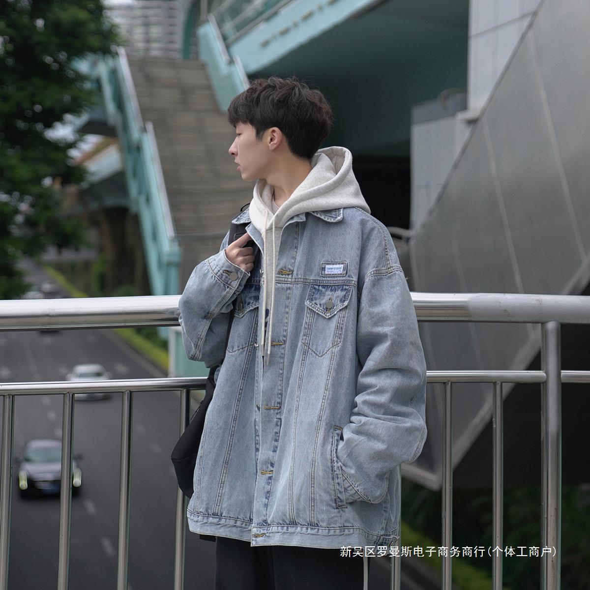 a春秋新款男士牛仔夹克日系宽松翻领水洗上衣韩版休闲chic外套潮