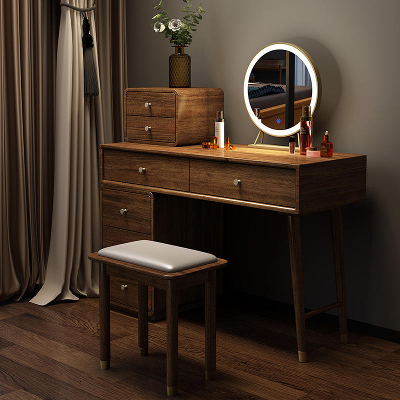 北欧全实木梳妆台带灯卧室收纳柜一体现代胡桃木小户型化妆桌m339