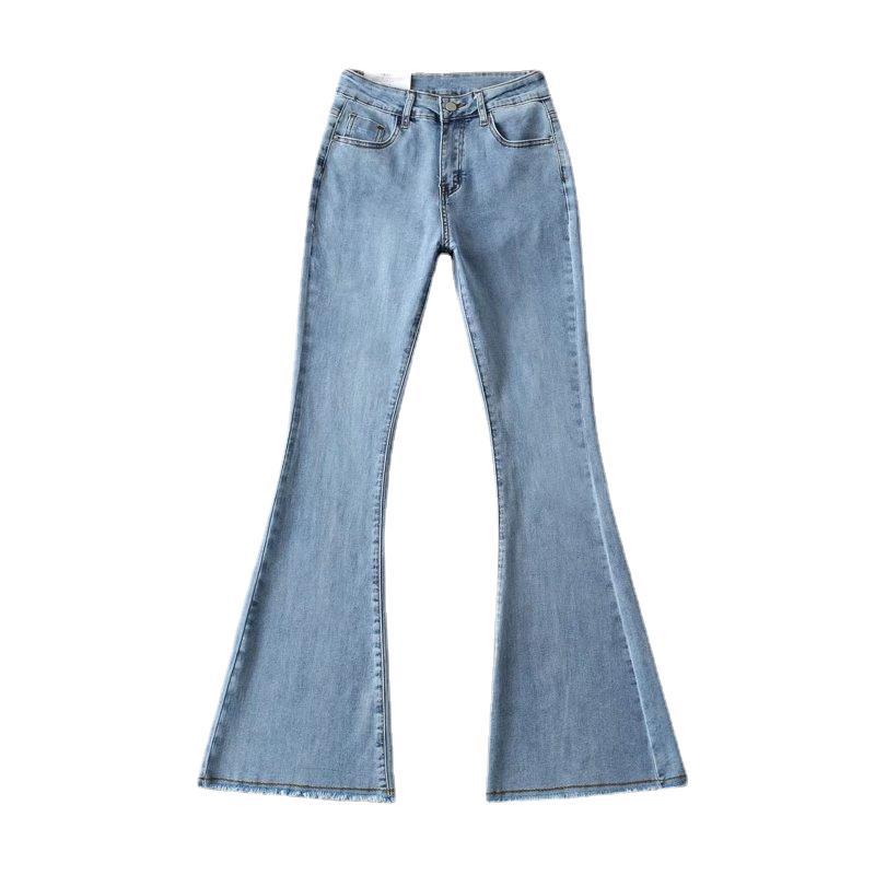 Autumn and Winter Fashion Small High Waist Raw Hem Jeans Retro Distressed Small Man Stretchy Wide-Leg Slim Flare Pants