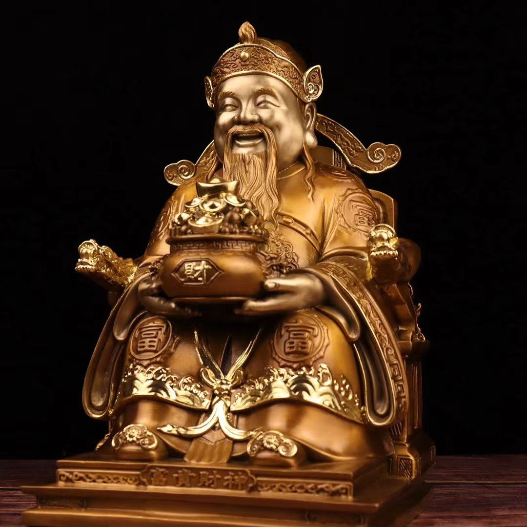 铜文财神神像摆件坐龙椅聚宝盆财神爷佛像店铺办公室供养乔迁开业