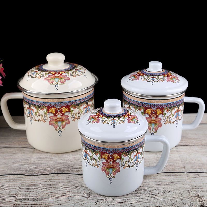 新疆餐厅大号搪瓷杯民族杯带盖茶缸子大容量杯子新疆本地发货