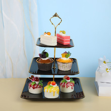 欧式3层水果盘婚礼蛋糕架下午茶甜品台摆件塑料干果盘金边蛋糕盘