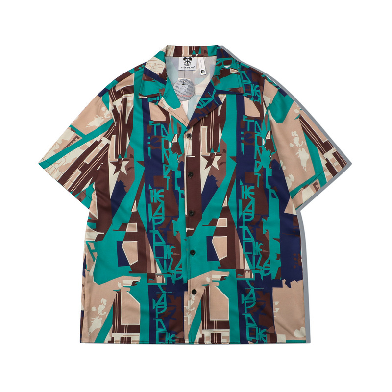 复古轻奢抽象涂鸦衬衫短袖男女 春夏ins高街情侣休闲古巴领衬衣t