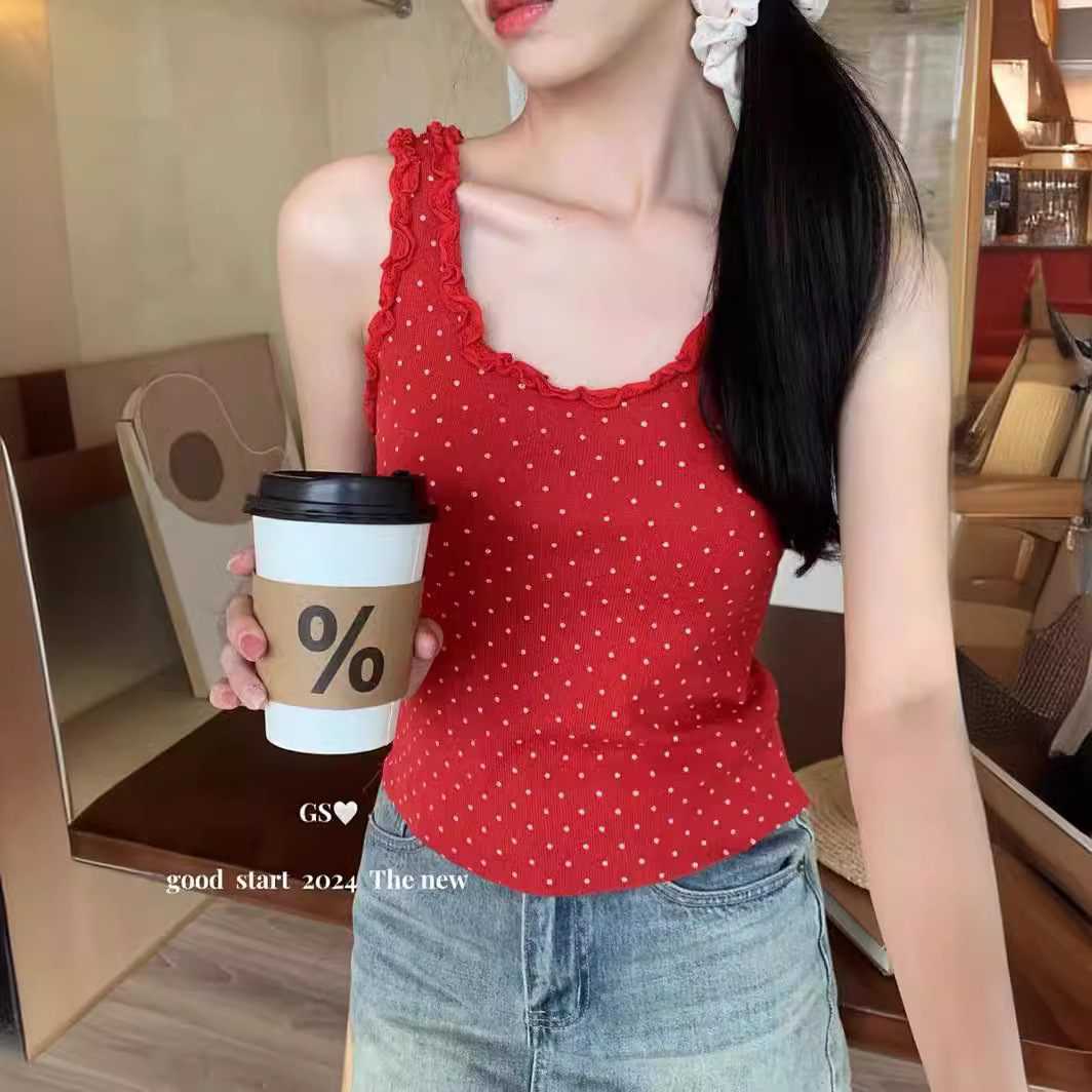蕾丝花边红色夏日多巴胺吊带背心外穿女露锁骨无袖露肩甜辣小上衣