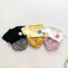 ins婴幼儿夏季短袖T恤格子包屁裤套装韩国男女宝宝外出爬服两件套