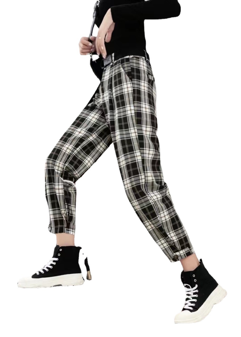 秋季格子裤束脚气质通勤高腰棉宽松型长裤加厚裤子